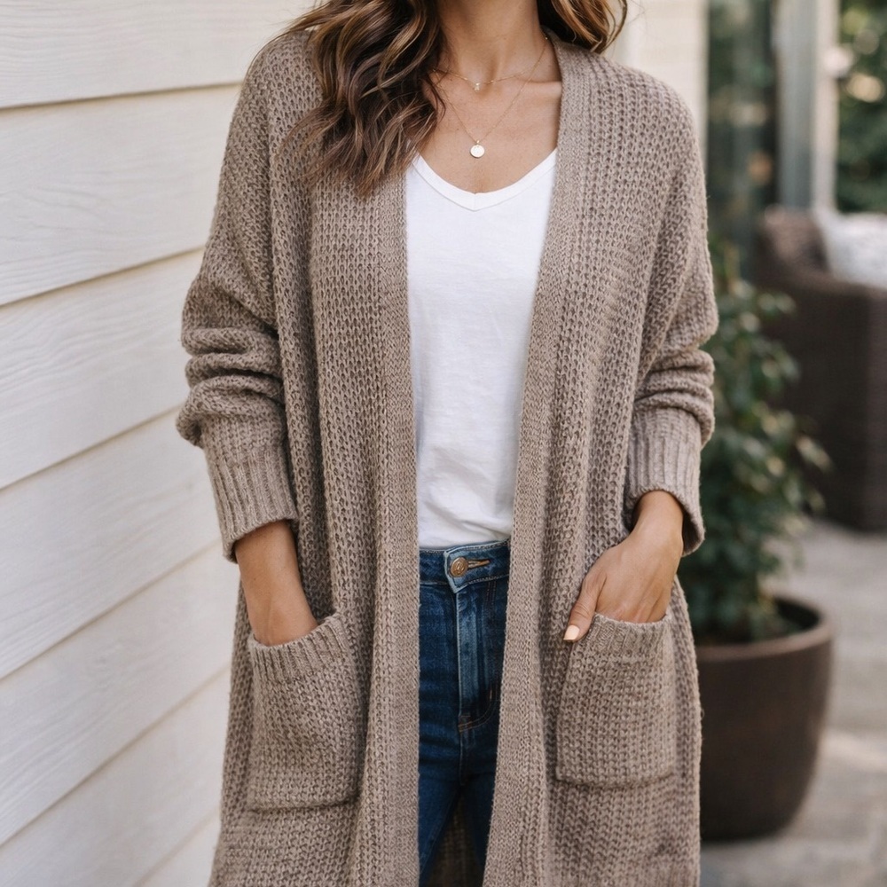 American Eagle Cozy Open Front Knit Cardigan Neutral Oversized XS/S Fits M